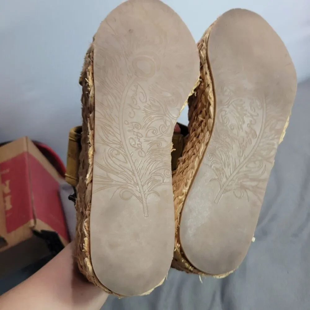 Naughty‎ Monkey Womens Espadrille Wedge Sandals Size 8.5 Yellow Suede & Raffia